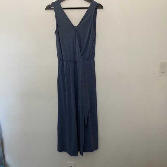 Dual Nature Blue Surplice Neck Rib Knit Stretchy Soft Loungewear Midi Dress - Picture 1 of 4